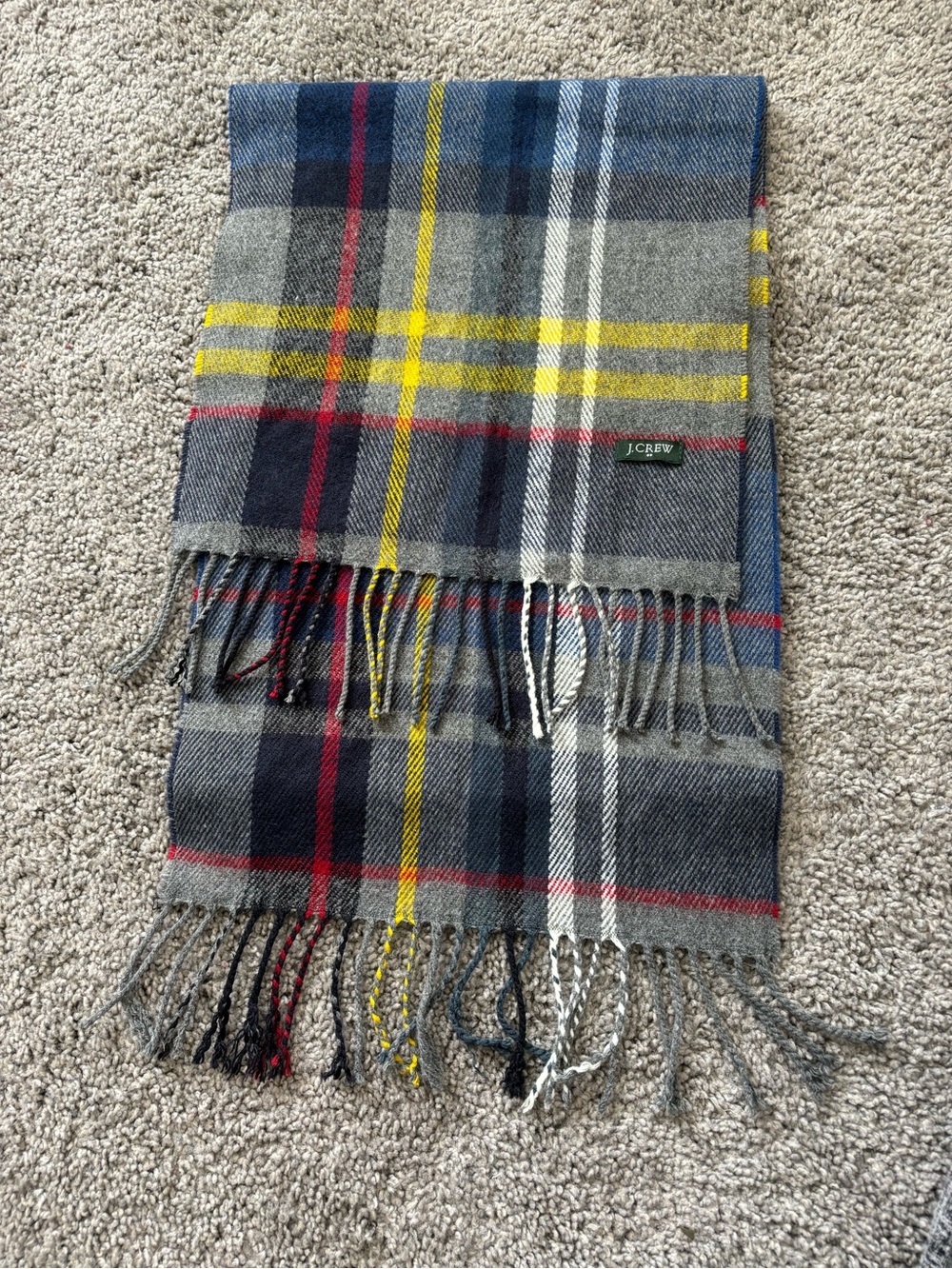 J. Crew Men's Gray Plaid Scarf with Yellow, Red and Navy Stripes